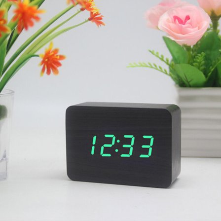 Træbordur med tid/dato/temperatur, vækkeur, brunt kunstlæder, rød LED, sort træ, grønne bogstaver