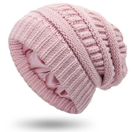 Stickad mössa för kvinnor med satin innerfoder, skidmössa för kvinnor, slouchy vintermössa för flickor