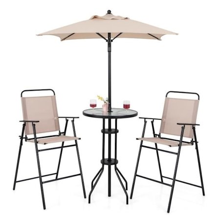 COSTWAY 4 STK Havemøbelsæt - Parasol, 2 sammenklappelige havestole, Sofabord af hærdet glas - Bistro Terrasse Svømmebassin - Beige