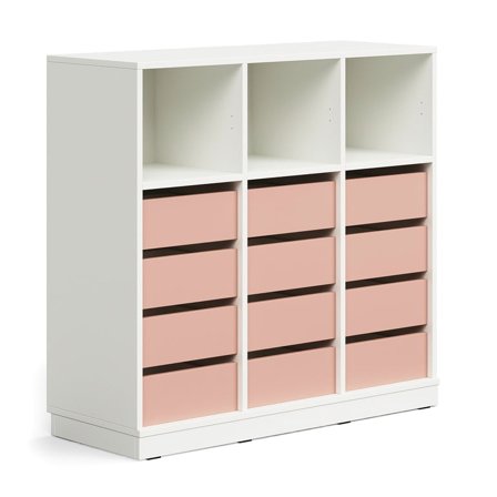 Student storage CASPER, 12 drawers, 3 upper compartments, base frame, white/dark pink