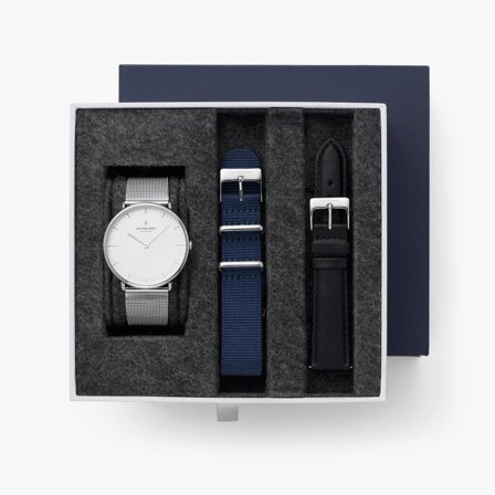 Nordgreen Minimalistist Slim Men's Watch - White Dial - Silver - Silver Mesh / Navy Nylon / Black Leather 40mm Straps Native White Dial