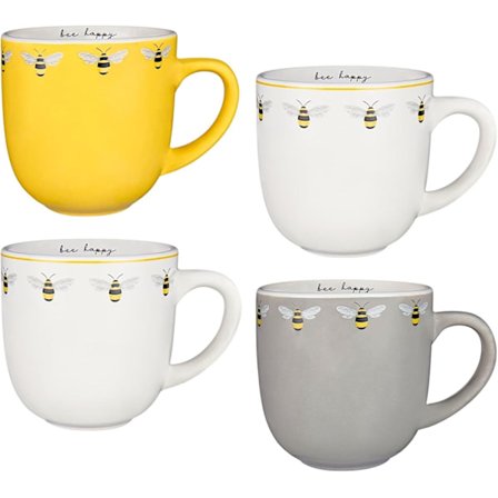 Setti, jossa 4 Bee Happy -painettua mukia, teekupit, kahvikupit, keittiötarvikkeet, muki, premium-laatua