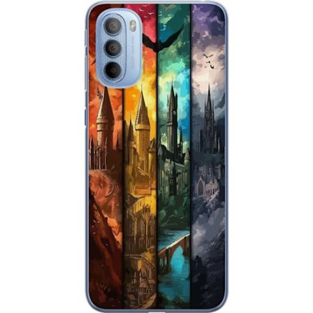 Kompatibel Mobilcover til Motorola Motorola Moto G31 Fire magiske slotte i forskellige elementfarver, episk fantasykunst med ild vand luft og mørke i
