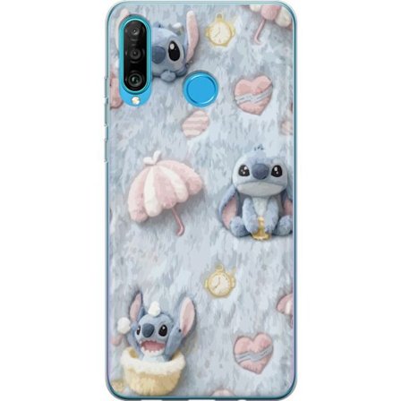 Kompatibel Mobilcover til Huawei P30 lite Stitch mønster med hjerter, paraplyer og pastelfarvet blød baggrund