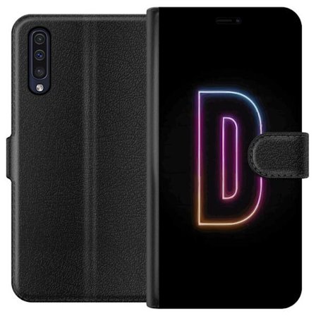Kompatibel Tegnebogsetui til Samsung Samsung Galaxy A50 Minimalistisk neonbogstav D i farveskiftende lys mod sort baggrund i moderne digital design