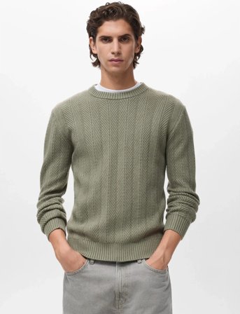 Mango Herringbone Structured Sweater - Khaki green - L