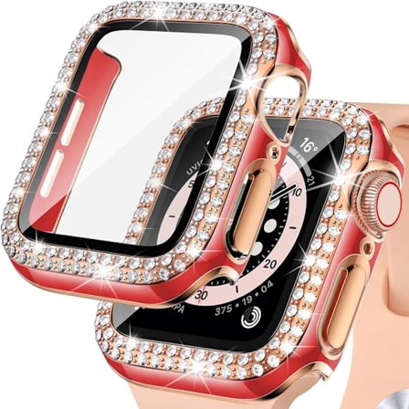 Bling Glass+ cover til Apple Watch Case 45mm 41mm 40mm 44mm 42mm 38mm Diamant bumper+skærmbeskytter iwatch serie 7 9 8 5 6 SE B rød ro