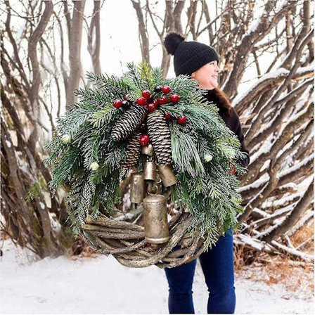 Kranser i gårdshusstil til dør, 35 cm kranser til dekorering av julen, 2021 Gullbjeller Henges midt på dørkransen