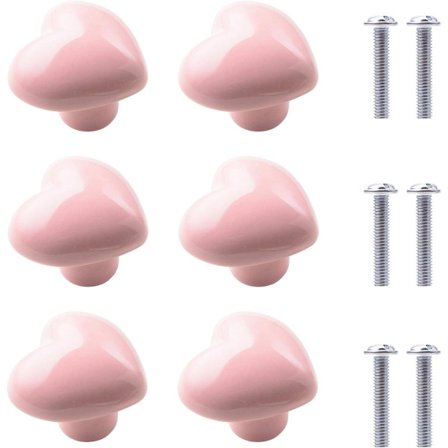 Sett med 6 rosa keramiske knotter - hjerteform - m/ skruer for skuffer - skap - kjøkkenmøbler
