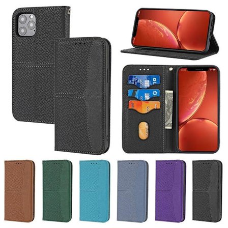 (För iPhone 15) Vävd textur läder plånbok mobilskal med kortfack