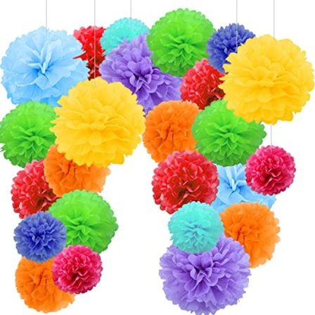 24 Pom Poms Decorations Gold White Black, Paper Flower Pompom Balls Tissue for Birthday Party, New