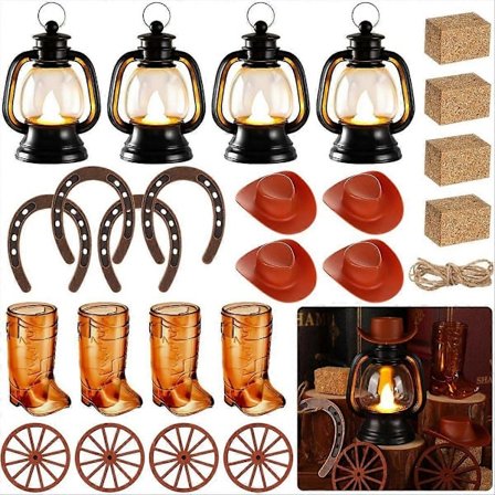 24 stk. Cowboy-tema Festdekorasjon, Mini Cowboyhatt Lykt Hestesko Vogn Hjul Høyballer for Wes[D]