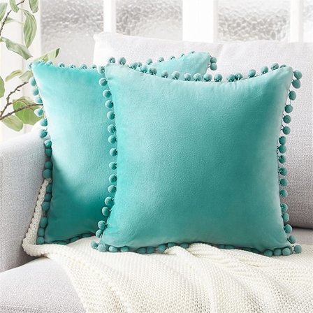 2-pack dekorativa kuddfodral, mjuka partiklar sammet enfärgade kuddfodral med pom-poms för soffa sovrum bil (20 x 20 tum, blå turkos)