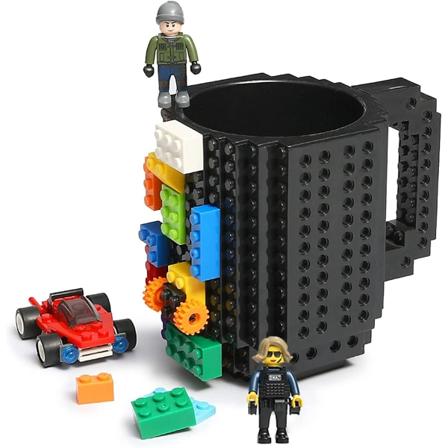 Byggbar tegelkaffemugg, rolig kopp med kreativa byggstenar för barn, män, kvinnor, födelsedag jul (kallsvart)