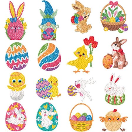 Påske 5D Diamantmaleri Kits 16stk Diamantmaleri Påske Mønstre Æg Kanin Kyllinger Påske Børn DIY Håndværk Gaver