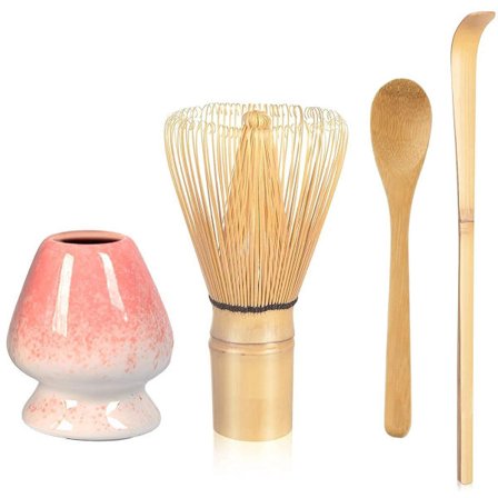 Matcha Sæt, Matcha Pisk, Sæt med 4, Bambus Matcha Skål, 11cm, Traditionel Ske (Te), Teske, Rørestativ, Perfekt Bambus Matcha Sæt, Pink