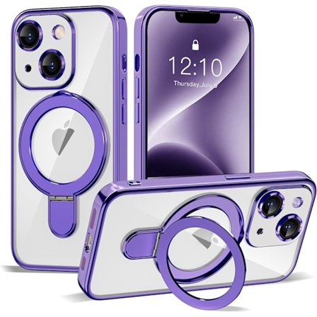 iPhone 14 Skal med Osynlig Magnetisk Ringstativ [Kompatibelt med Mag-Safe] [Fullständigt Kameralinsskydd] Pläterad Klar för iPhone