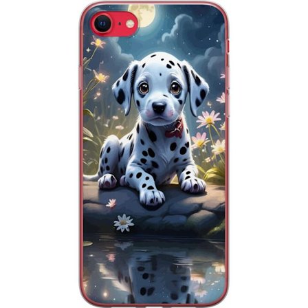 Yhteensopiva Puhelinkuori Apple iPhone SE (2022) Söp dalmatianpentu vedessä kuunvalossa kukkien ja heijastuksen kanssa