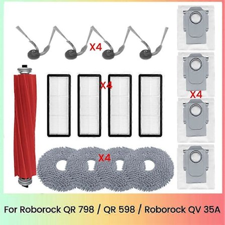 17 stk. til Roborock QR 798 / QR 598 / QV 35A støvsuger dele hovedsidebørste HEPA filter moppeklud støvpose
