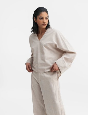 Ahlvar Gallery Nina V-Neck Linen Blouse - Beige - S
