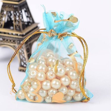 10 st Stora Ljusblå med Guld hjärter organza påsar c.a 13x18 cm.