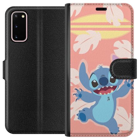 Kompatibel Tegnebogsetui til Samsung Galaxy S20 Glad illustration af Stitch der hopper foran lyserød baggrund med surfbræt