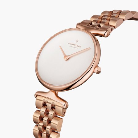 Nordgreen - Danish Design Quartz Polshorloge - Wit Wijzerplaat - Roségoud 5 schakels Horlogebandje white dial