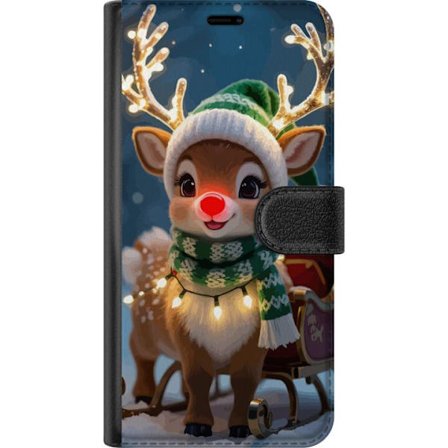 Asus Zenfone 10 Tegnebogsetui Festlig rensdyr med glødende horn, rød næse og strikket grøn hue står foran slæden i et sneklædt miljø og sprede
