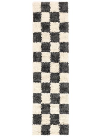 Geblokt Hoogpolig Vloerkleed Klein Chessie - Donkergrijs/Gebroken Wit 80X300 In Moderne Stijl