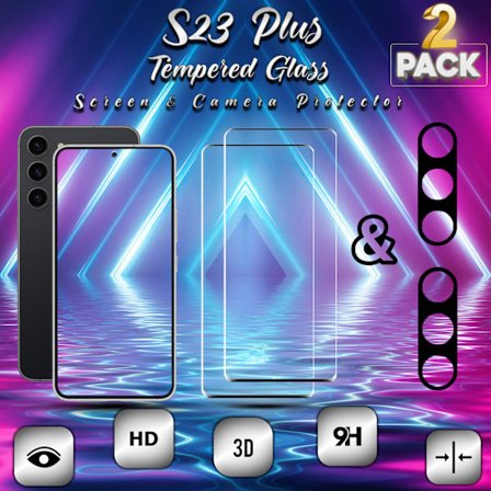 2-Pack SAMSUNG S23 PLUS Näytönsuoja & 2-Pack linssinsuoja - Karkaistu Lasi 9H - Super laatu 3D