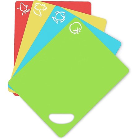 Skærebrætter, sæt med 12 farvede plastikskærebrætter med madsymboler og skridsikre håndtag, antibakterielle, skridsikre, tåler opvaskemaskine til fisk