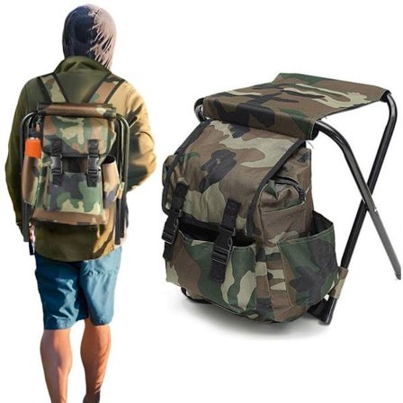 1 stk. - Sammenklappelig Camping Rygsæk Stol - Bærbar Stol - Fiskerygsæk Skammel - Camouflage