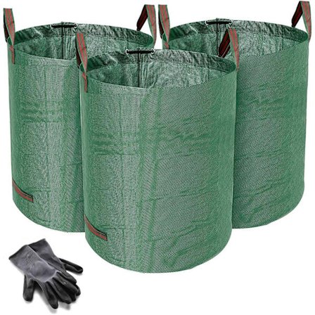 Kraftiga trädgårdsavfallspåsar - 272 liter - 3 säckar - Bonus 1 par trädgårdshandskar - Industrityg och handtag - Grön/trädgårdsavfallssäck