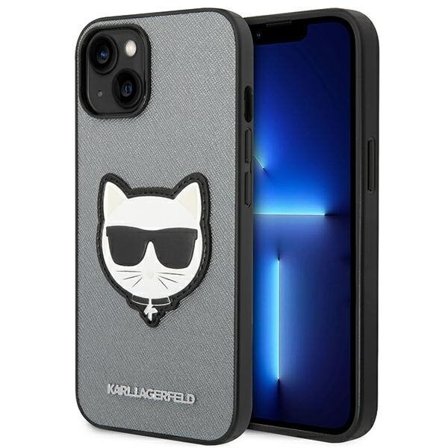Karl Lagerfeld Saffiano Choupette Head Patch tapauksessa iPhone 14 Plus - hopea