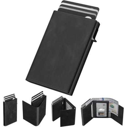 Herre pung kortholder: Pop-up aluminium etui, premium ægte læder, smart, RFID-blokering, slank, minimalistisk, forlomme - 9-14 kortkapacitet | I ‏‏‎