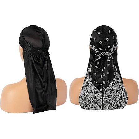 2 stk. for menn, glatt silke pustende Durags Paisley Do Rag Wave Cap med Acsergery lang gave