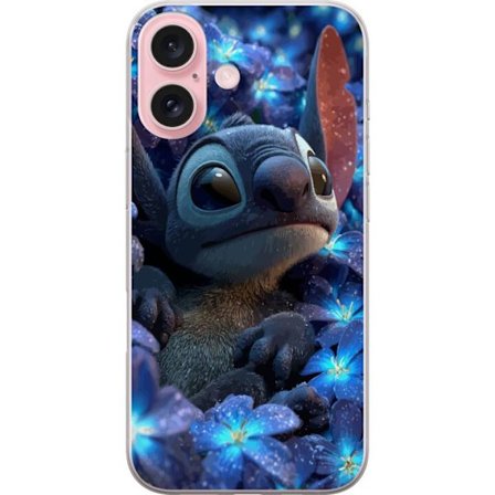 Kompatibel Mobilcover til Apple iPhone 16 Stitch i en blå blomsterbed med bløde farver og drømmende Disney-følelse, hvor Stitch sidder omgivet af blom