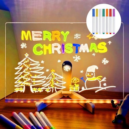 LED-belyst akrylbeskedtavle, LED-tegne- og skrivetavle til børn, med stativ og 7-farvede tuscher, velegnet til hjemmet, kontoret og skolen