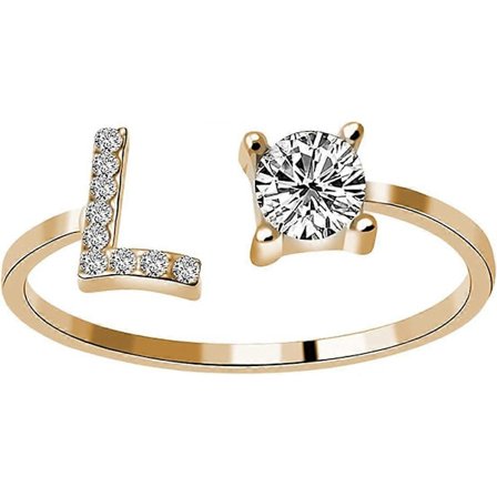 26 Bokstäver Ringar för Kvinnor - Diamant Rhinestone Besatt Zirkonia Öppen Justerbar Ringar Smycken Tillbehör Presenter (L, Justerbar)