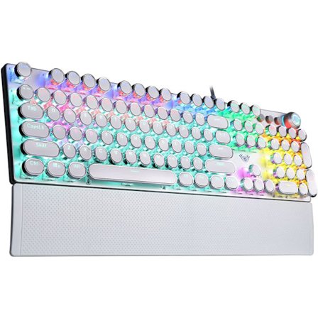 Kirjoituskoneen tyylinen mekaaninen pelinäppäimistö sinisellä kytkimellä, irrotettavalla rannetuella, median ohjaussäätimellä, sateenkaaren 