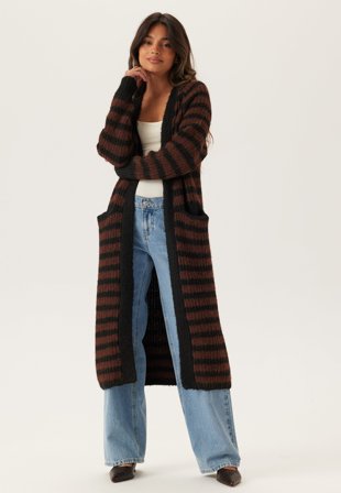 Object Collectors Item - Objmilu Ls Lo Long Knit Cardig - Black Stripes:Seal Brown