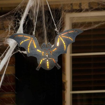 Halloween fladdermus hängande skylt, välkomnande skylt för ytterdörren, LED-utskuren trä hängande för Halloween dörr, fönster, väggdekor för hem, 