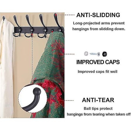 Vægmonteret Frakkeholder med 5 Trekantede Kroge i Rustfrit Stål