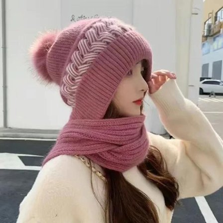 Women's Woolen Hat Winter Plush Thick Scarf All-in-one Headband Cycling Warm Windproof Ear Protection Knitted hat