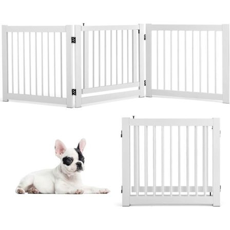COSTWAY hopfällbar husdjursskyddsbarriär i furu med 3 paneler, 210 x 61 CM, modulär hundbarriär med dörr