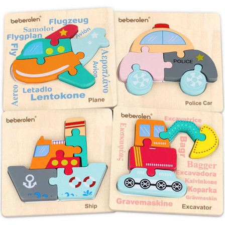 Beberolen Træpuslespil til småbørn 1 2 3 år, pædagogisk legetøj til drenge og piger med 4 køretøjer