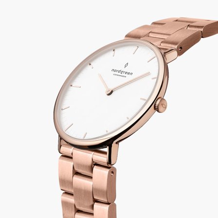 Nordgreen Men's Minimalist Designer Watch - Rose Gold Case - White Dial - 3 Linked Metal Watch Strap Native White Dial