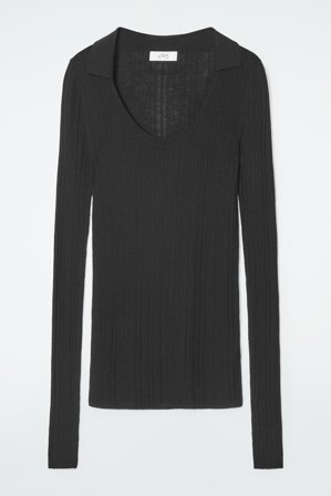 COS Women's The Open Collar Merino Wool Top in Black