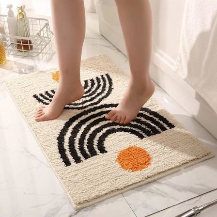 Skridsikker badeværelsesmåtte i mikrofiber - Abstrakt design, blød plys, beige, vaskbar til brusebad/vask/toilet, 50 cm