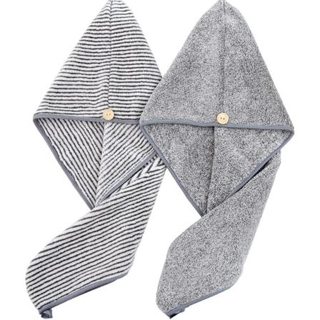 Superabsorberende mikrofiber-hårhåndklæde til kvinder - Hurtigtørrende, blødt hårtørrende hætte (2-pak, grå og stribet)